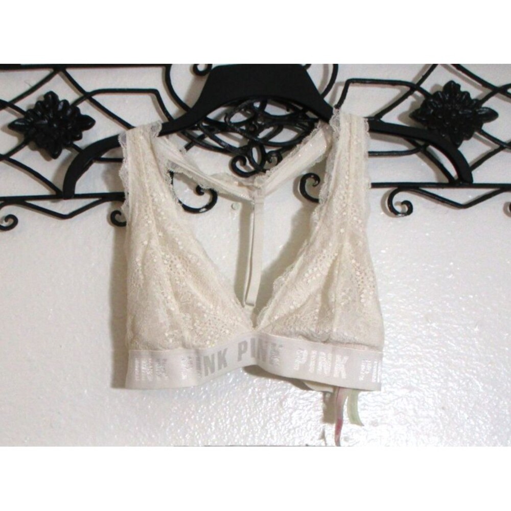 PINK Lace Bralette Size M Beige Logo Racerback